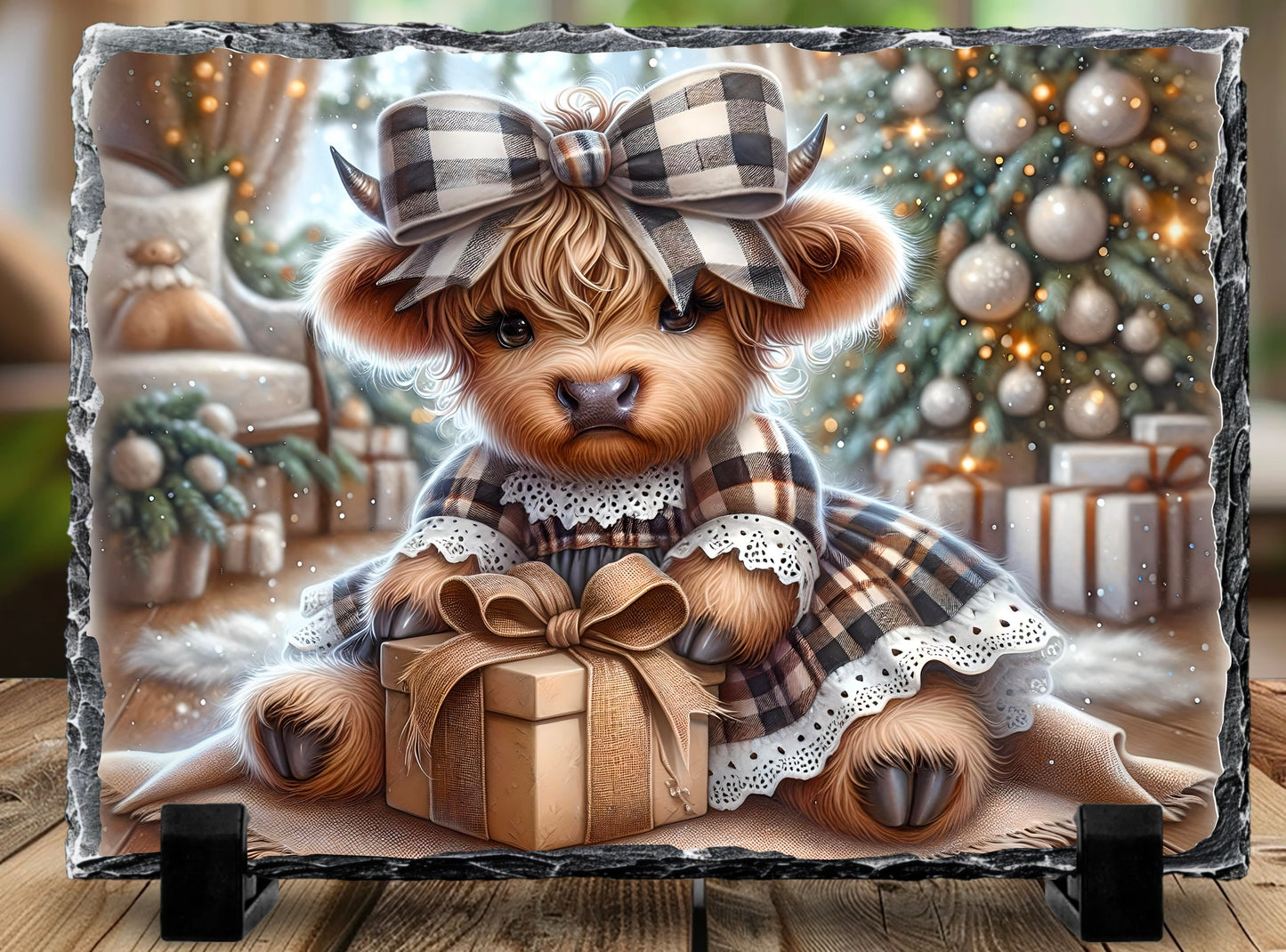 5.5” x 7.5” Natural Slate Rock PhotoFrame with Holiday Bow-Tied Highland Cow