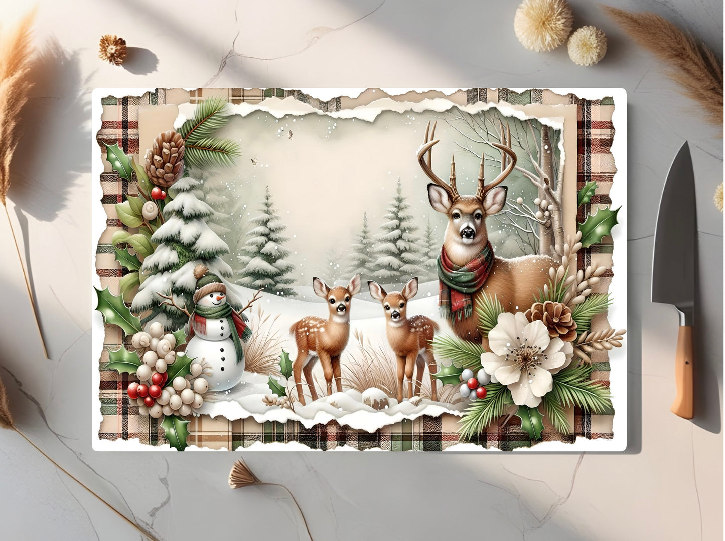 Winter Wonderland Deer Tempered Glass Cutting Board, 2 Sizes Small (11” x 8”) and Large (15” x 11”), Hand Wash Only, Charcuterie Board