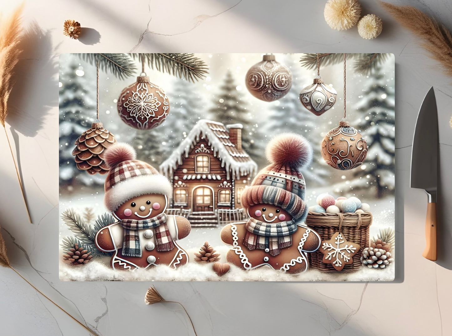 Gingerbread Christmas Tempered Glass Cutting Board, 2 sizes Small (11" x 8") and Large (15" x 11"), Hand Wash Only, Charcuterie Board