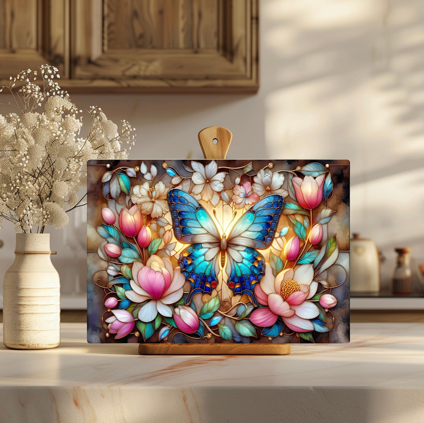 Butterfly and Flowers, Tempered Glass Cutting Board, Stained Glass Design, 2 Sizes Available