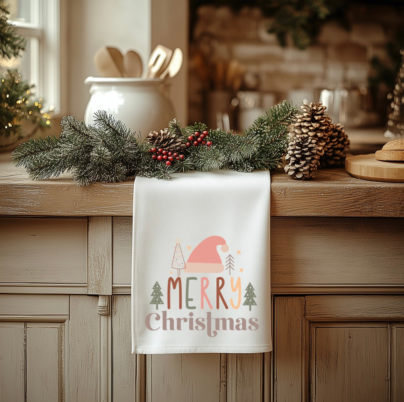 Boho Christmas Retro Tea Towel - 18” x 28” 100% Polyester Holiday Decor