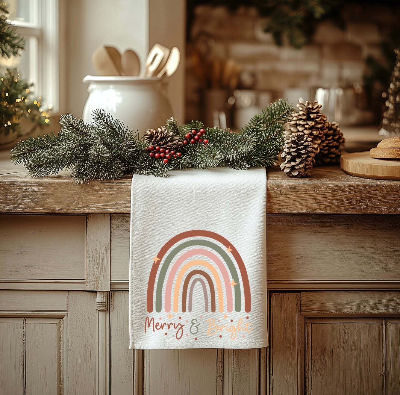 Boho Christmas Retro Tea Towel - 18” x 28” 100% Polyester Holiday Decor