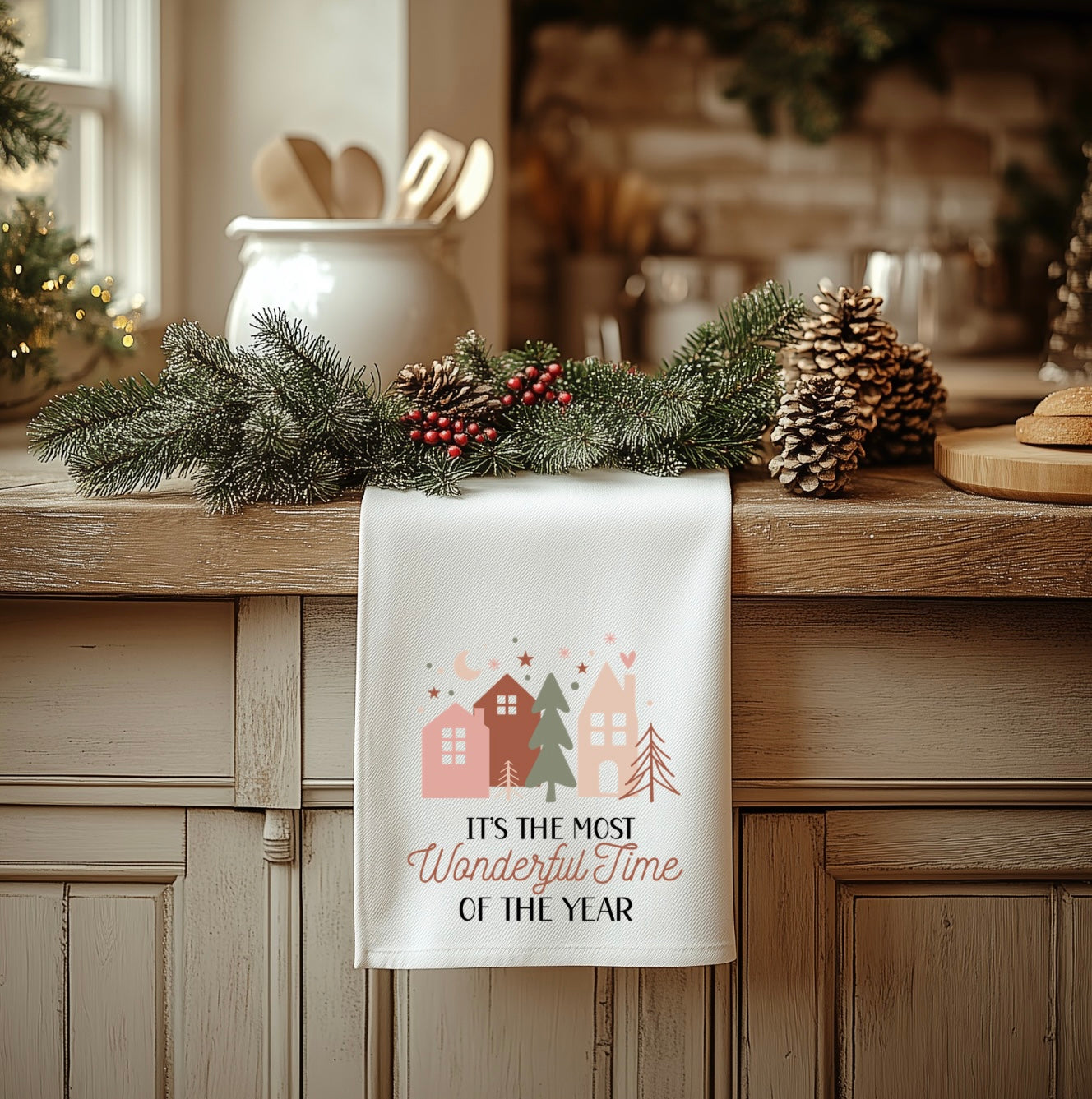 Boho Christmas Retro Tea Towel - 18” x 28” 100% Polyester Holiday Decor