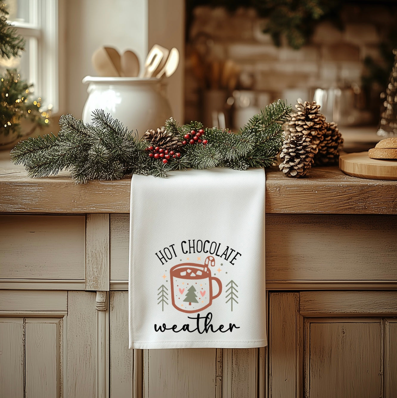 Boho Christmas Retro Tea Towel - 18” x 28” 100% Polyester Holiday Decor