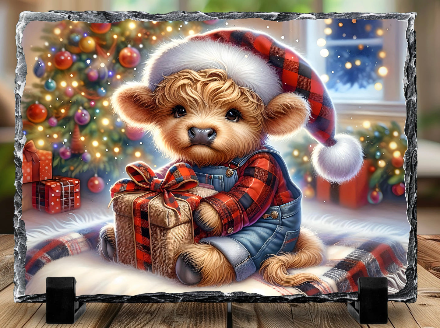 Festive 5.5” x 7.5” Natural Slate Rock Photo Frame with Holiday Highland Cow Design