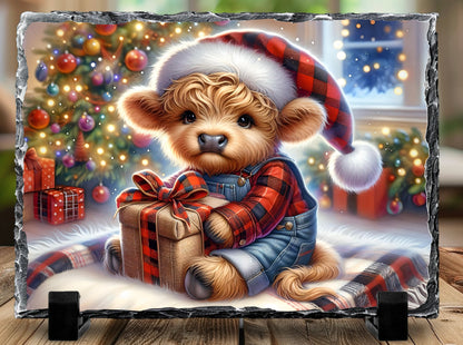 Festive 5.5” x 7.5” Natural Slate Rock Photo Frame with Holiday Highland Cow Design