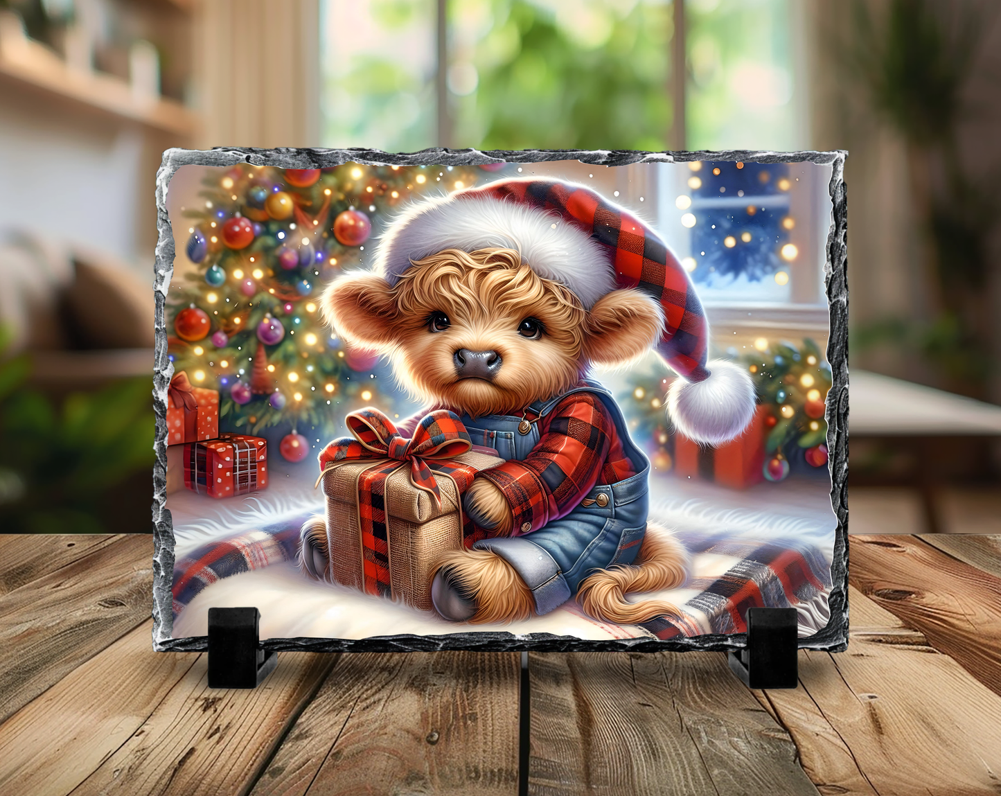 Festive 5.5” x 7.5” Natural Slate Rock Photo Frame with Holiday Highland Cow Design