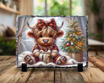 Highland Cow Christmas Slate Photo Frame with Display Stands 5.5” x 7.5”