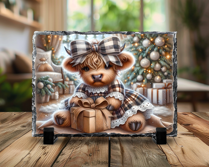 5.5” x 7.5” Natural Slate Rock PhotoFrame with Holiday Bow-Tied Highland Cow