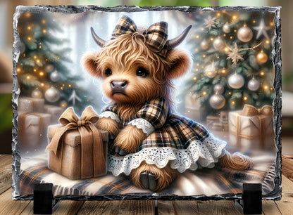 Charming 5.5” x 7.5” Natural Slate Rock Photo Frame - Highland Cow Holiday Decor