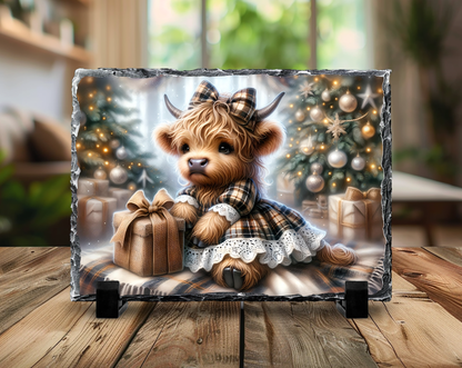 Charming 5.5” x 7.5” Natural Slate Rock Photo Frame - Highland Cow Holiday Decor