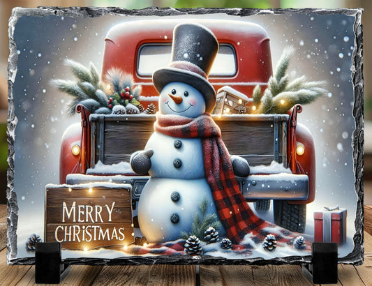 Rustic Snowman & Red Truck 5.5” x 7.5” Natural Slate Display - Holiday Decor Essential
