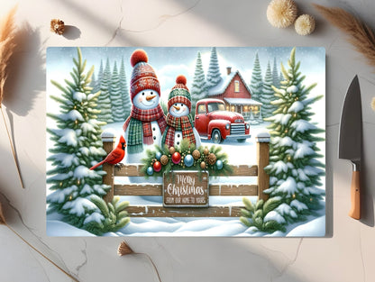 Christmas Snowmen Tempered Glass Cutting Board, 2 Sizes Small (11” x *”) and Large (15” x 11”), Hand Wash Only, Charcuterie Board