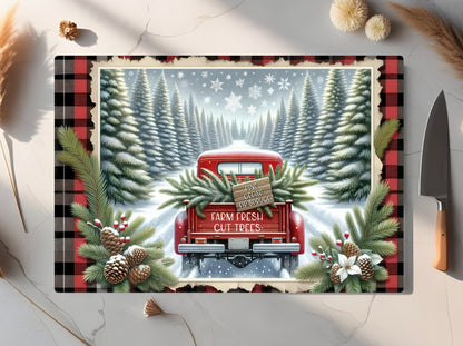 Red Truck Farm Fresh Cut Trees Tempered Glass Cutting Board