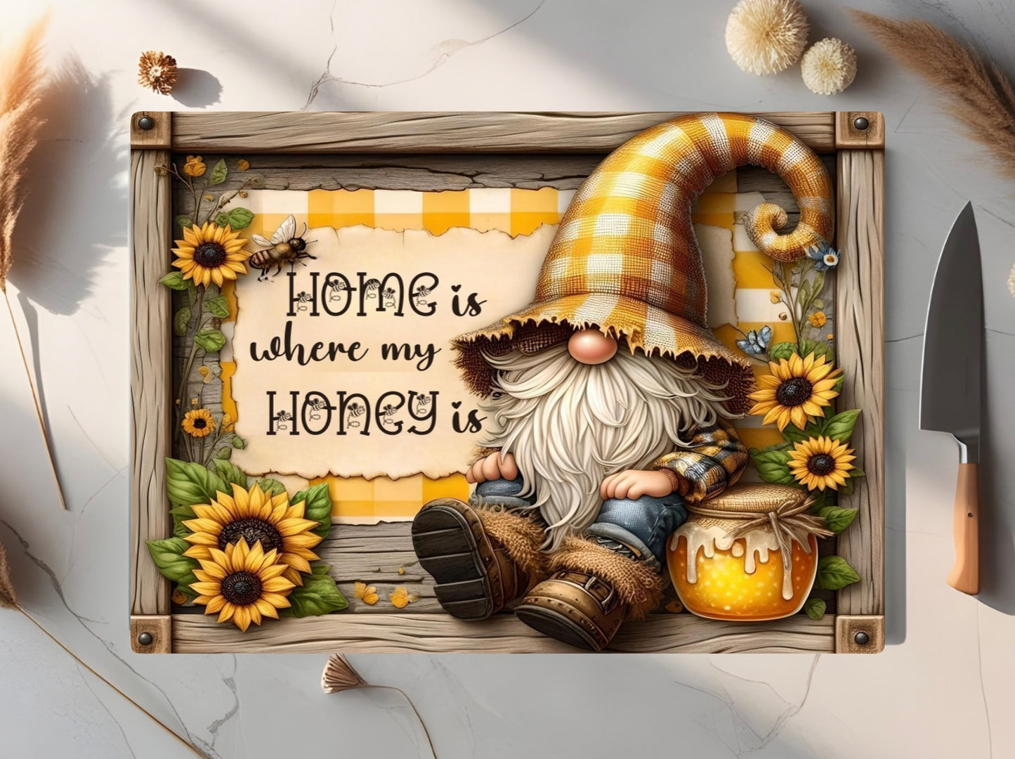 Sunflower Gnome, Tempered Glass Cutting Board, Home is Where My Honey is, 2 sizes available
