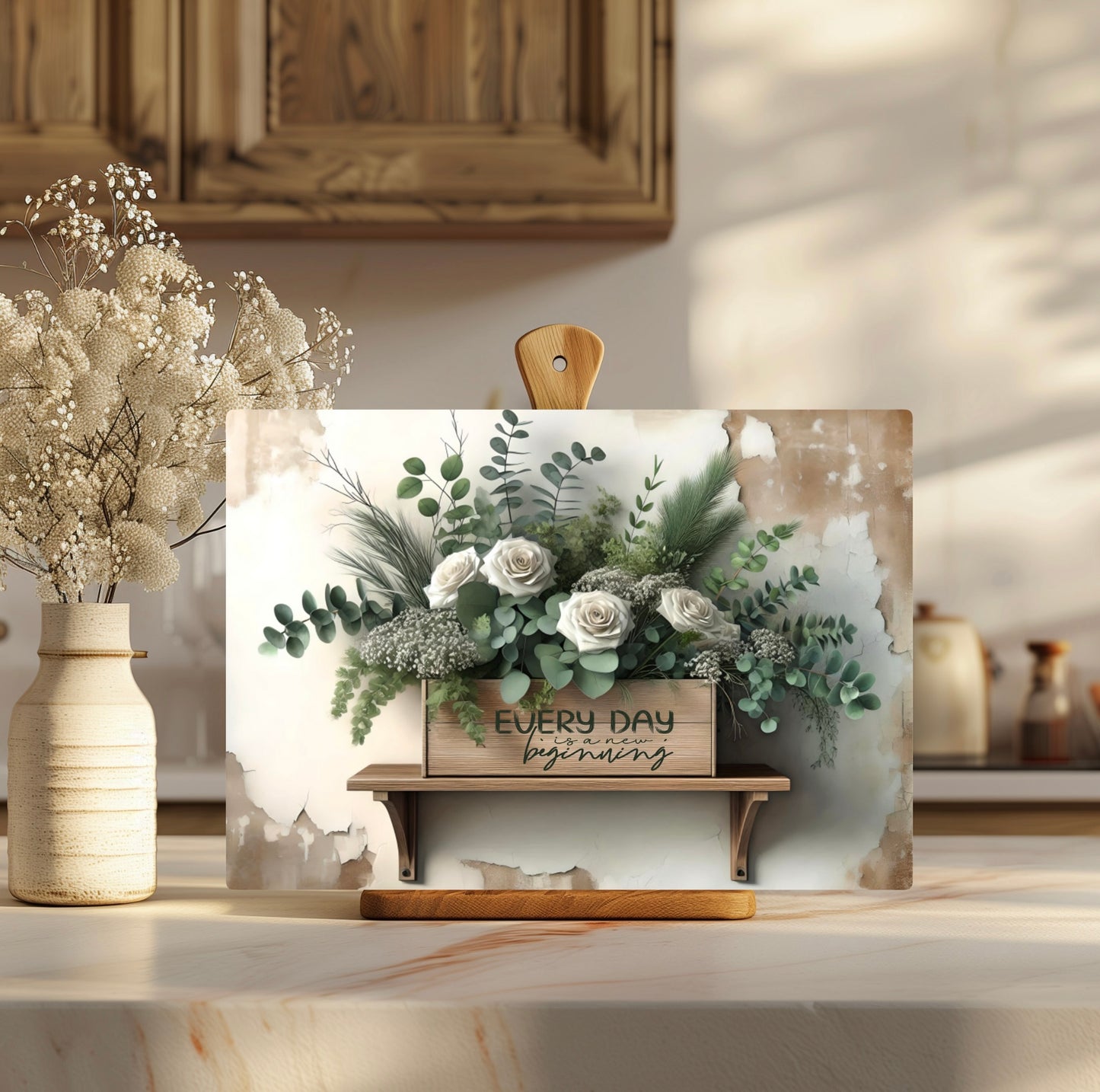 Eucalyptus, White Roses, Baby Breath, Tempered Glass Cutting Board, Every Day is a New Beginning, 2 Sizes available