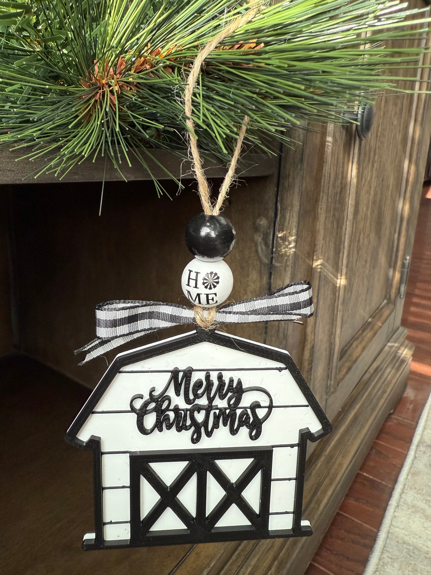 Black and White Farmhouse Barn Christmas Ornament