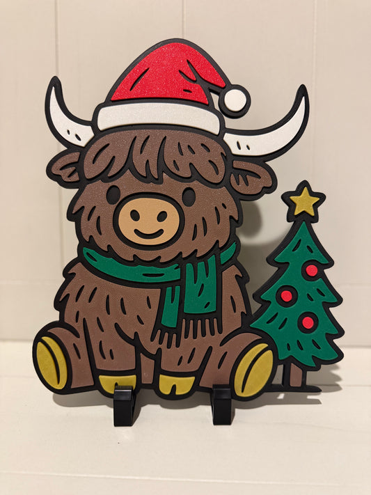 Festive Highland Cow Christmas Decoration - 8" x 9.5" | Wall &amp; Stand Display