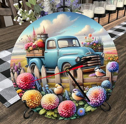 10” Round Wooden Clock with Vintage Truck Design