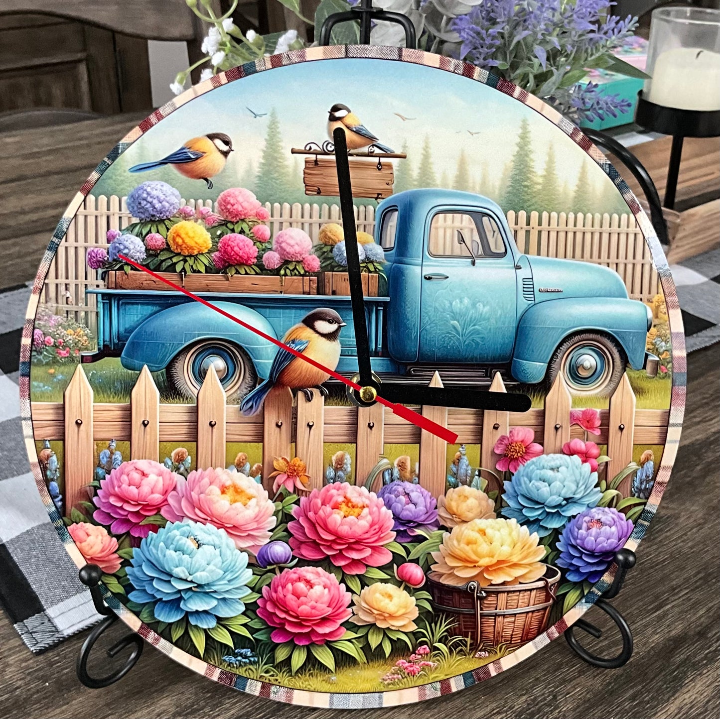 10” Round Wooden Clock with Blue Truck & Floral Scene