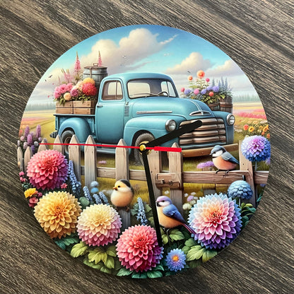 10” Round Wooden Clock with Vintage Truck Design