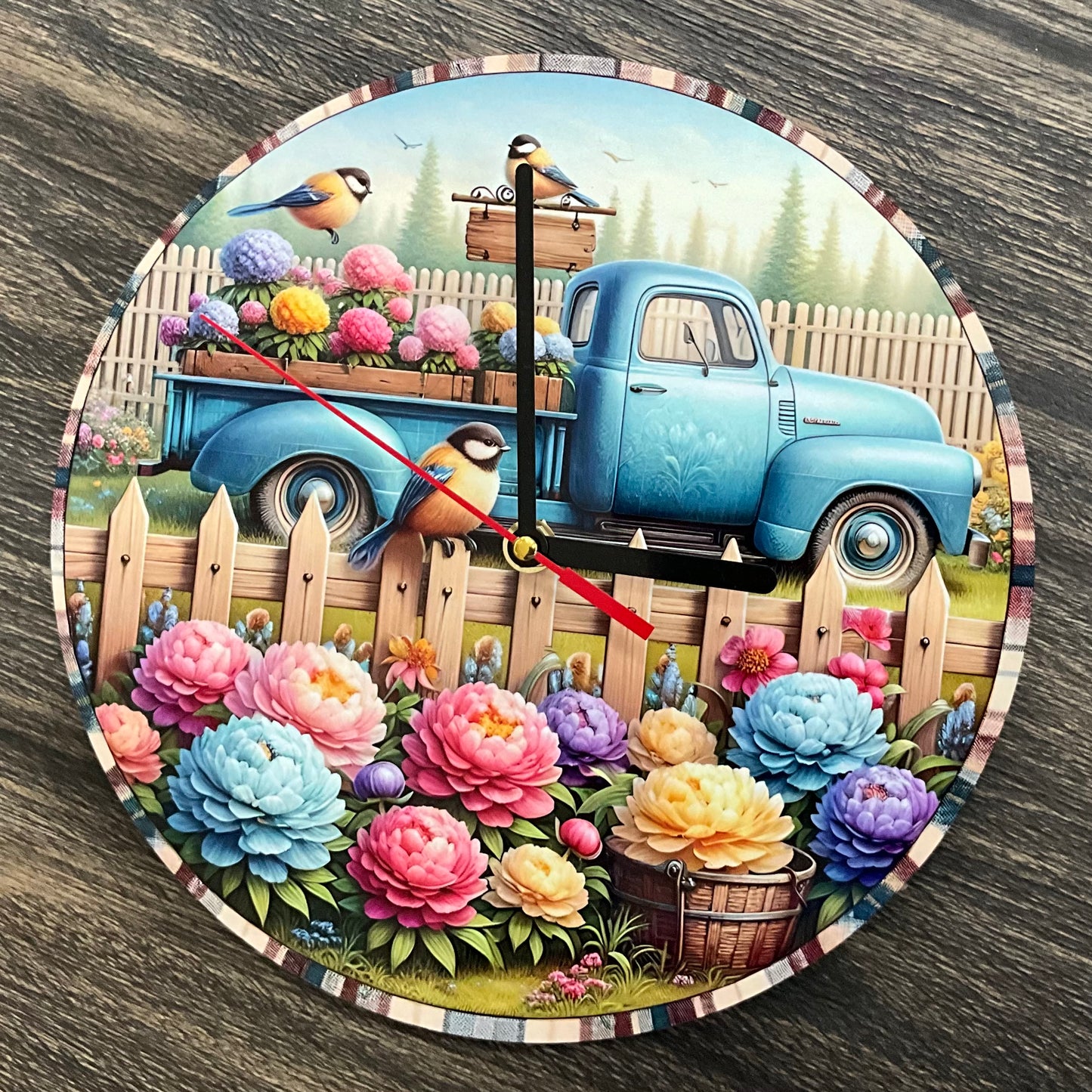 10” Round Wooden Clock with Blue Truck & Floral Scene