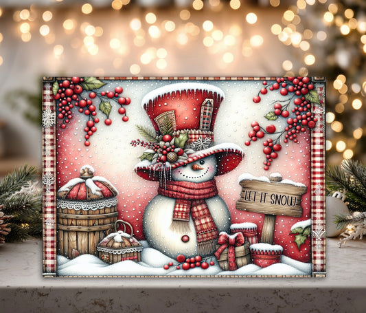 Let It Snow Red Snowman Tempered Glass Cutting Board - Festive Kitchen Decor, 2 Sizes