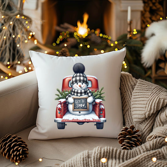 Festive Snowman & Red Truck 18” x 18” Pillow Cover - Perfect Holiday Decor Accent