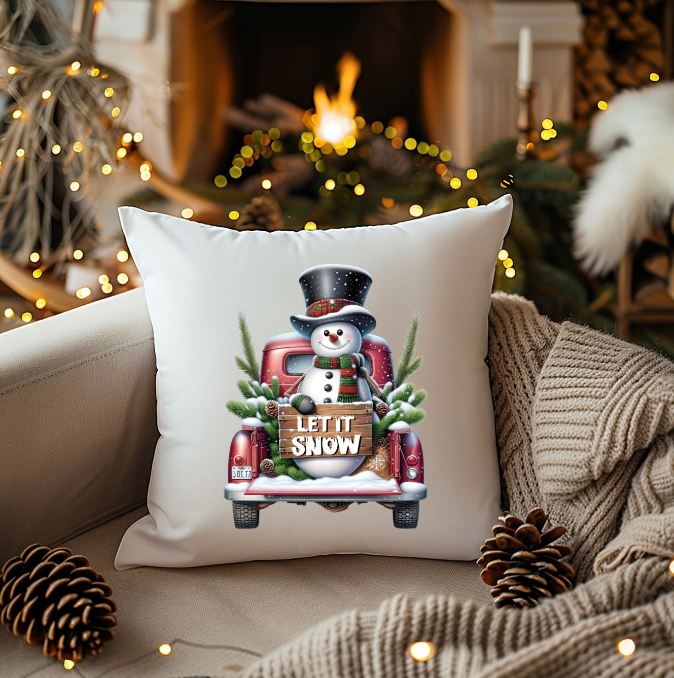 Festive Snowman & Red Truck 18” x 18” Pillow Cover - Perfect Holiday Decor Accent