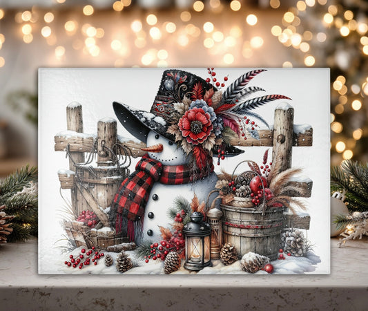 Rustic Snowman Tempered Glass Cutting Board - Durable, Hygienic, Versatile, 2 Sizes
