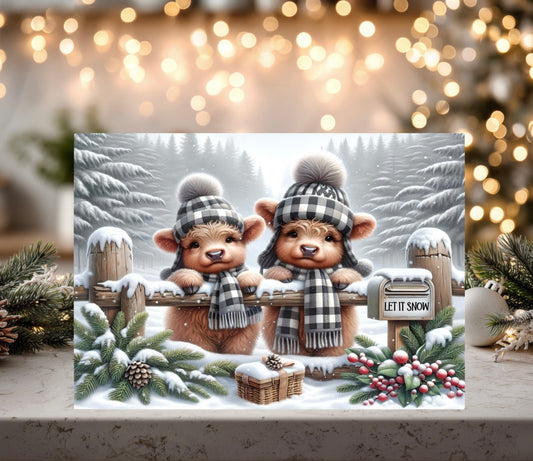 Highland Cows Winter Scene Glass Cutting Board - “Let It Snow” Design