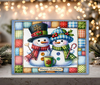 Snowman Couple Quilted Tempered Glass Cutting Board - Festive Kitchen Décor & Serving Tray