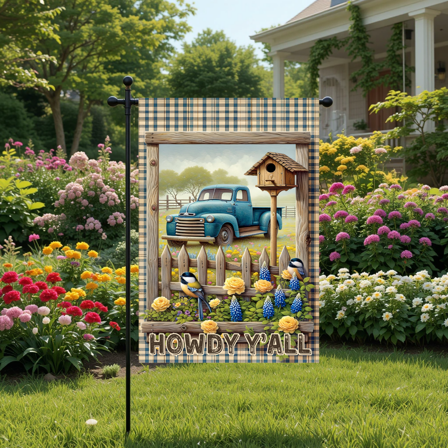 Rustic Garden Truck and Birdhouse Garden Flag