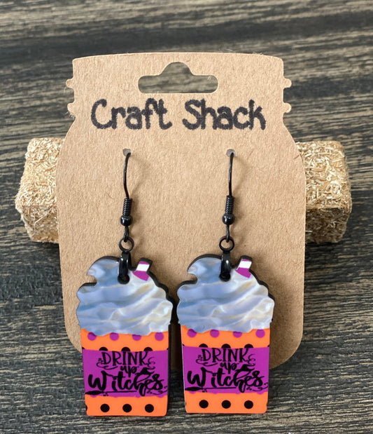 1.5” Drink Up Witches, Coffee, Earrings, Fun, Unique, Halloween, Fall, Lightweight, Black Hardware