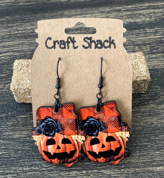 1.5” Pumpkin Scarecrow Earrings, Black, Orange, Fall, Halloween, Cute, Unique, Earrings, Lightweight, Black Hardware