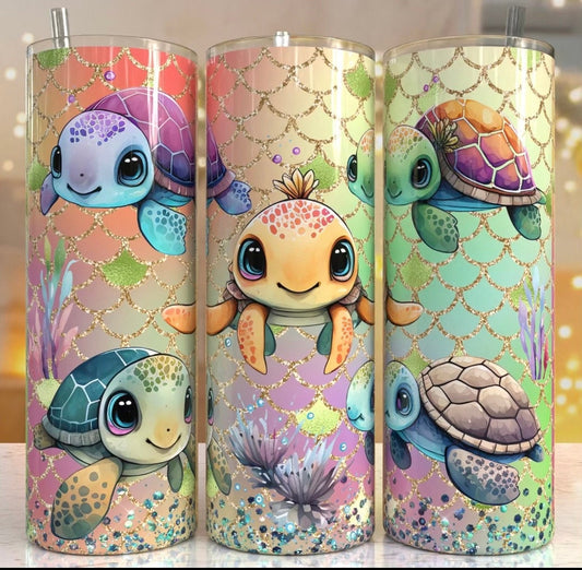 Baby Sea Turtles, Beach, Ocean, Gold Glitter, Colorful, 20 oz. Tumbler, Stainless Steel, Straw, Clear Lid, Drinkware