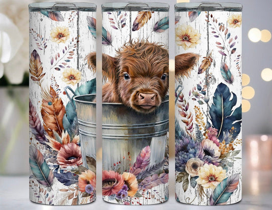 Baby Highland Cow, Feathers, Flowers, Watercolor, Cute, Western, Boho, 20 oz. Tumbler, Stainless Steel, Straw, Clear Lid, Drinkware