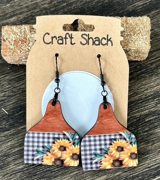 1.5” Sunflower, Black and White Plaid, Wood, Cow Tag, Earrings, Lightweight, Black Hardware, Western, Unique, Cute