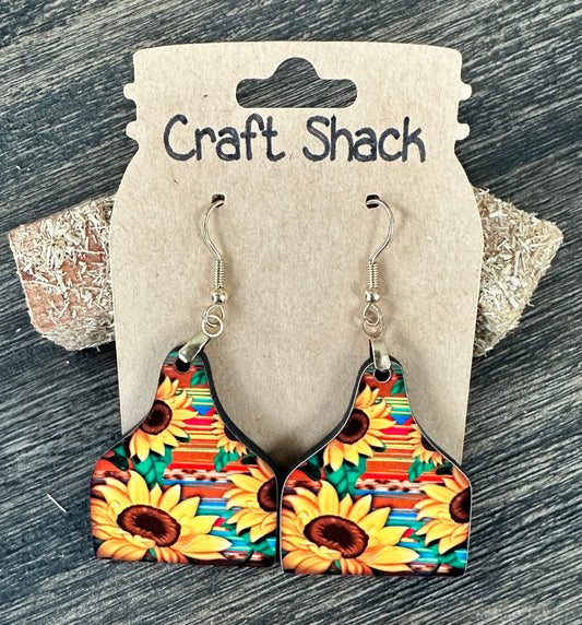 1.5” Sunflower Serape Cow Tag, Earrings, Cattle Tag, Lightweight, Gold Hardware,  Country, Rustic, Unique, Cute