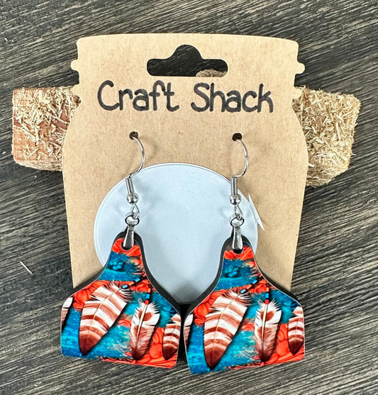 1.5” Feather Cow Tag Earrings, Blue, Orange, Cattle Tag, Lightweight, Sterling Silver Hardware, Country, Western, Unique, Cute