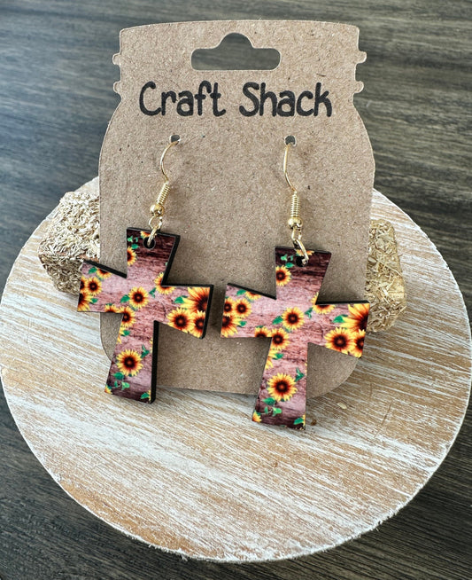 1.5” Earrings, Cross, Sunflowers, Lightweight, Statement Earrings, Statement Piece, Fall-inspired, Unique, Cute, Fun, Gold Hardware